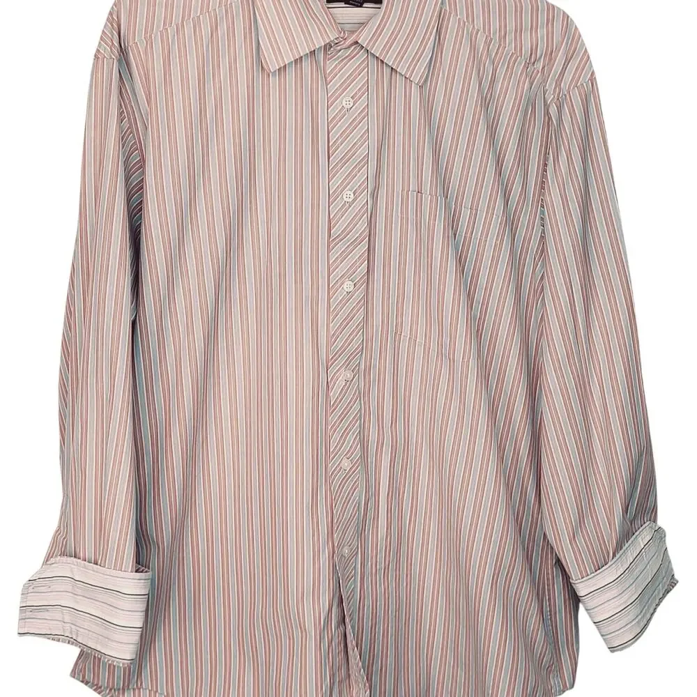 Vintage Ted Baker Tan Blue Striped Spread Collar Button Up Shirt Sz 16.5-34/35